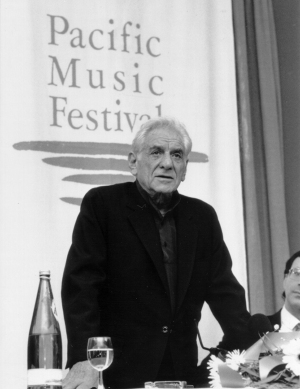 Leonard Bernstein annoucing the first Pacific Music Festival.