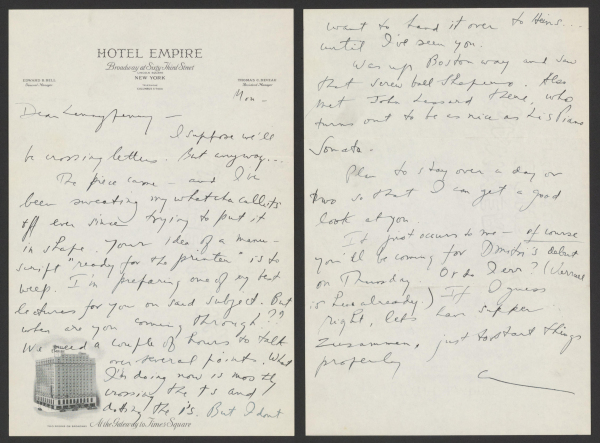 Letter from Aaron Copland to Leonard Bernstein, not dated