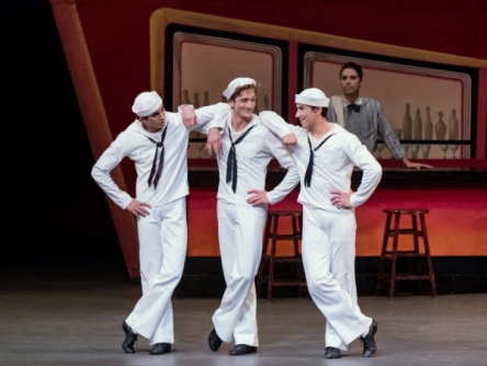 Sebastian Villarini - Velez, Harrison Coll, and Roman Mejia of New York City Ballet in Jerome Robbins’ Fancy Free. Photo credit Paul Kolnik