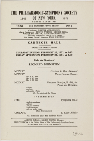 Program page from the premiere of Charles Ives's Symphony No. 2, given by the New York Philharmonic and Leonard Bernstein, conductor.