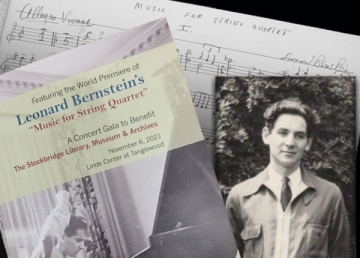 Music for String Quartet manuscript, premiere program cover, and photo of Leonard Bernstein (ca. 1939) collage