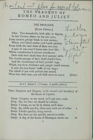 William Shakespeare. Romeo and Juliet. Boston: Ginn and Co., 1940. Ed. by George Kittredge. Leonard Bernstein Collection, Music Division (1) By permission of The Leonard Bernstein Office, Inc. //www.loc.gov/exhibits/westsidestory/images/object1.jpg