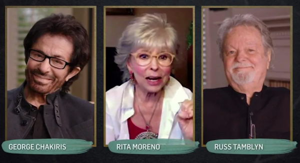 Screengrab from virtual reunion video of George Chakiris, Rita Moreno, and Russ Tamblyn