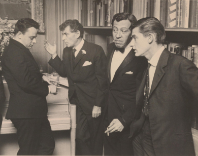 Stephen Sondheim, Bernstein, Adolph Green, and Roddy McDowall, June 1962
