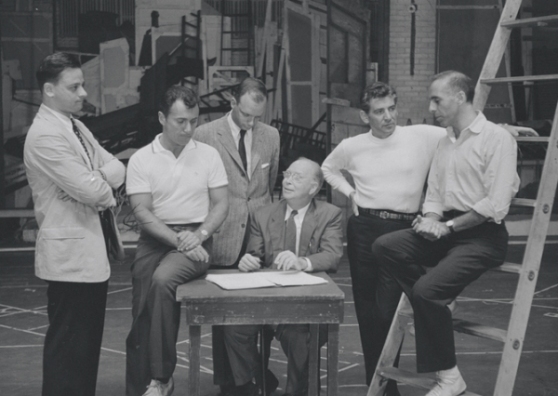 Stephen Sondheim, Arthur Laurents, Hal Prince, Robert E. Griffith, Leonard Bernstein, and Jerome Robbins in rehearsal for the stage production West Side Story